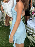 Blue Sheath Spaghetti Strap Short Outdoor Party Outfit Summer Birthday Dresses HZ1024