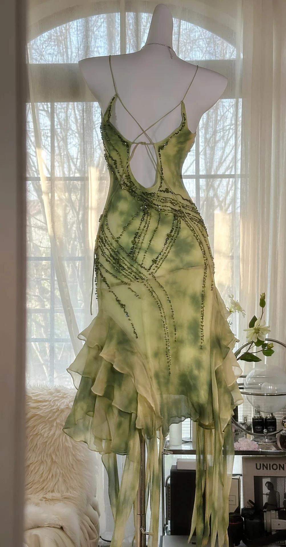 Green Spaghetti Straps Sheath Party Dresses Chiffon Beaded Short Y2K Prom Dresses HZ1024