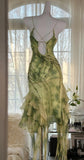 Green Spaghetti Straps Sheath Party Dresses Chiffon Beaded Short Y2K Prom Dresses HZ1024