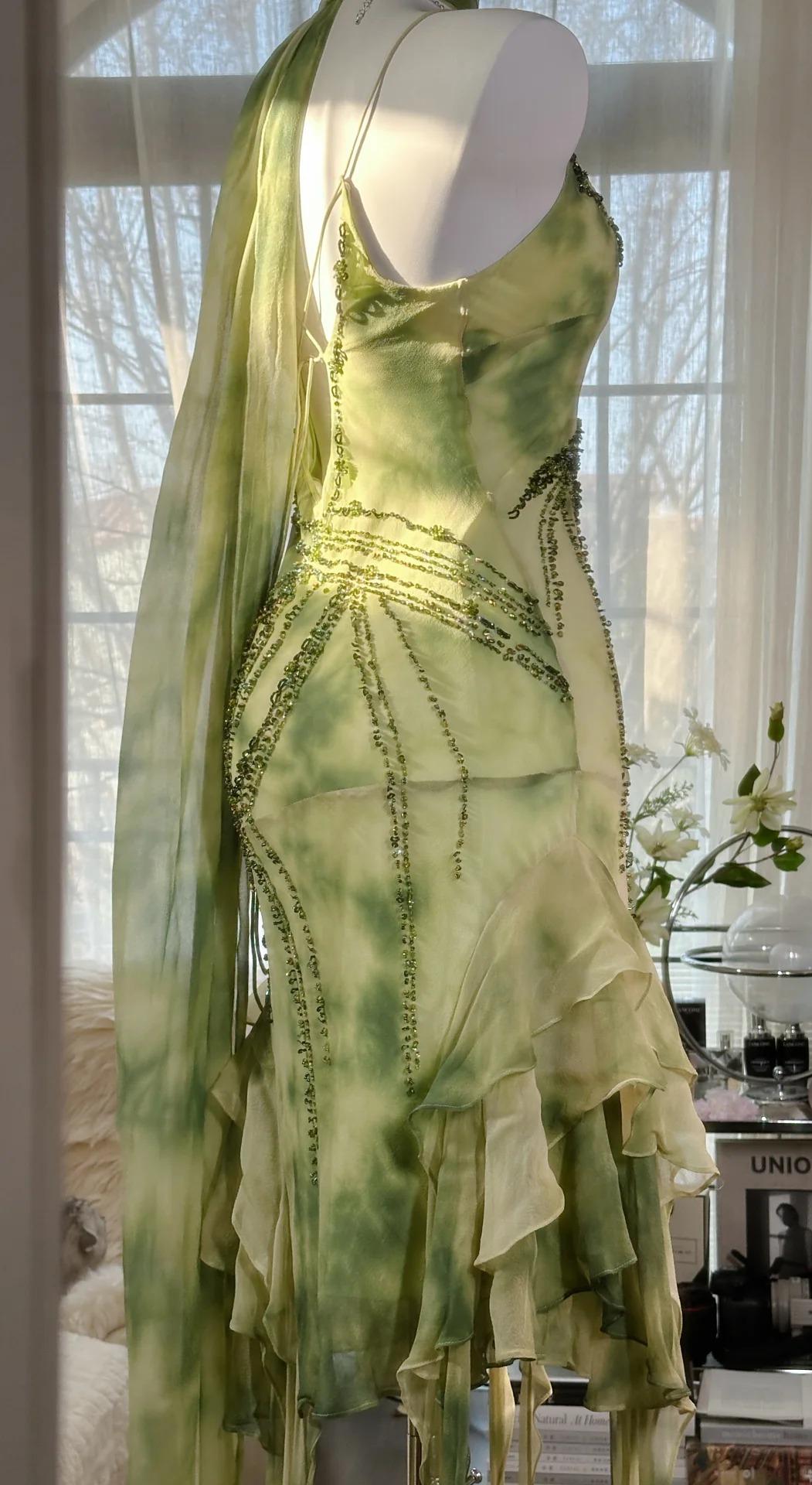 Green Spaghetti Straps Sheath Party Dresses Chiffon Beaded Short Y2K Prom Dresses HZ1024
