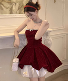 Red Velvet A-Line Strapless Homecoming Dress Tulle Two-Piece Short Prom Dresses with Bow HZ1024