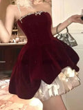 Red Velvet A-Line Strapless Homecoming Dress Tulle Two-Piece Short Prom Dresses with Bow HZ1024