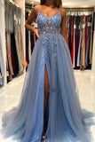 Grey Blue Spaghetti Straps Sequined A-Line Tulle Long Prom Dresses Formal Evening Gowns HZ1024