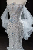 Grey Strapless Mermaid Tulle Beaded Gorgeous Train Wedding Dress HZ1024