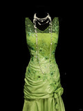 Bud Green V-neck Mermaid Satin Beaded Long Prom Dresses Evening Gowns with Appliques HZ1024