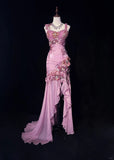 Mauve Square Neck Mermaid Chiffon Applique Long Prom Dresses Vintage Formal Evening Gowns HZ1024