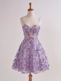 Lavender Spaghetti Straps A-Line Tulle Applique Short Prom Dresses Homecoming Dress with Sequins HZ1024