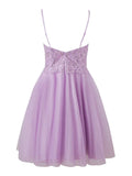 Lilac Spaghetti Straps A-Line Tulle Applique Short Prom Dresses HZ1024