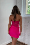 Fuchsia Sweetheart Bodycon Applique Satin Short Prom Dresses Homecoming Dress HZ1024