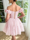 Pink Off-the-shoulder A-Line Tulle Short Prom Dresses Homecoming Dress HZ1024