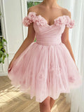 Pink Off-the-shoulder A-Line Tulle Short Prom Dresses Homecoming Dress HZ1024