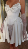 White Spaghetti Straps A-Line Satin Lace Short Wedding Dresses Homecoming Dresses with Pearls HZ1024