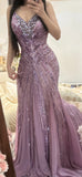 Purple V-neck Mermaid Beaded Chiffon Long Prom Dresses Vintage Evening Gowns HZ1024