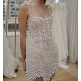 White Square Neck Sheath Beaded Short Wedding Dress Birthday Evening Gowns HZ1024