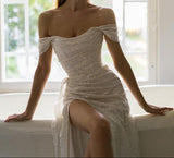 Beige Off Shoulder A-Line Sequin Long Prom Dresses Elegant Evening Gowns with Slits HZ1024
