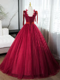 V Neck Tulle Burgundy Long Prom Dress, Burgundy Long Evening Dresses HZ1024