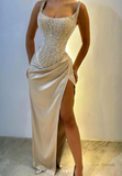 Light Champagne Strapless Sheath Beaded Satin Long Prom Dresses Formal Evening Gowns with Slits HZ1024