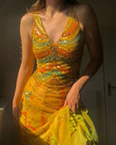 Yellow Two-piece Long Prom Dresses Tulle Birthday Dress with Sequins HZ1024