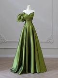Line V Neck Satin Green Long Prom Dress, Green Long Formal Dress HZ1024