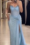 Sky Blue Strapless Sheath Lace Tulle Long Prom Dresses , Formal Evening Gowns HZ1024