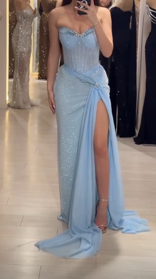 Sky Blue Strapless Sheath Lace Tulle Long Prom Dresses , Formal Evening Gowns HZ1024