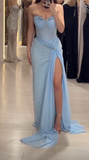 Sky Blue Strapless Sheath Lace Tulle Long Prom Dresses , Formal Evening Gowns HZ1024