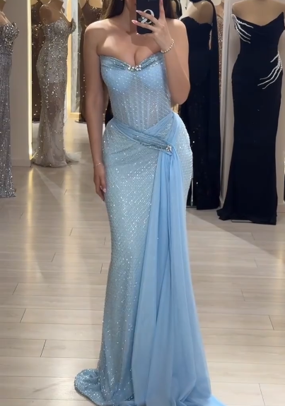 Sky Blue Strapless Sheath Lace Tulle Long Prom Dresses , Formal Evening Gowns HZ1024