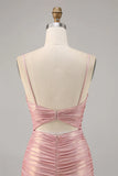 Pink Spaghetti Strap Bodycon Glitter Satin Backless Short Birthday Dress, Homecoming Dress HZ1024
