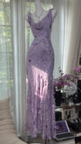 Vintage Sheath Prom Dresses Chiffon Floral Purple Long Formal Dresses Beaded Wedding Guest Dresses HZ1024
