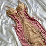 Pink Sheath Spaghetti Strap Prom Dress Satin Lace Vintage Birthday Party Dress Evening Gown HZ1024