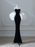 Mermaid Velvet Puff Sleeves Black Long Prom Dress, Black Evening Dress HZ1024