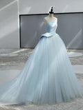 Satin Tulle Blue Long Prom Dress, Blue Long Formal Dress HZ1024