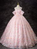 Off Shoulder Tulle Lace Pink Long Prom Dress, Pink Sweet 16 Dress HZ1024