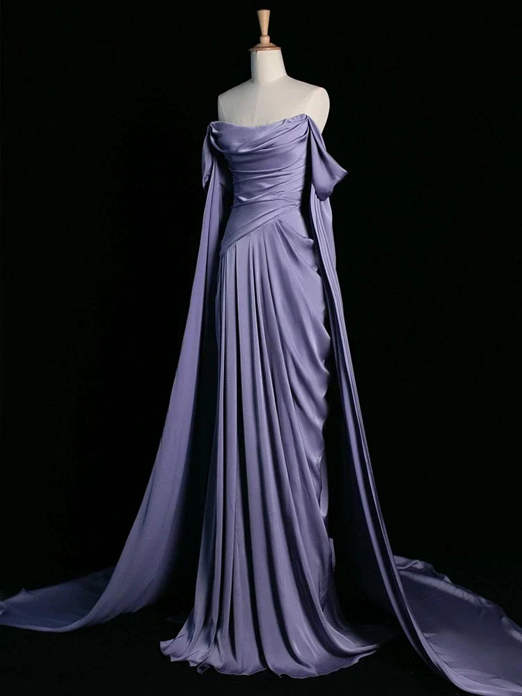 Purple A-Line Off Shoulder Satin Long Prom Dress Formal Evening Dress HZ1024