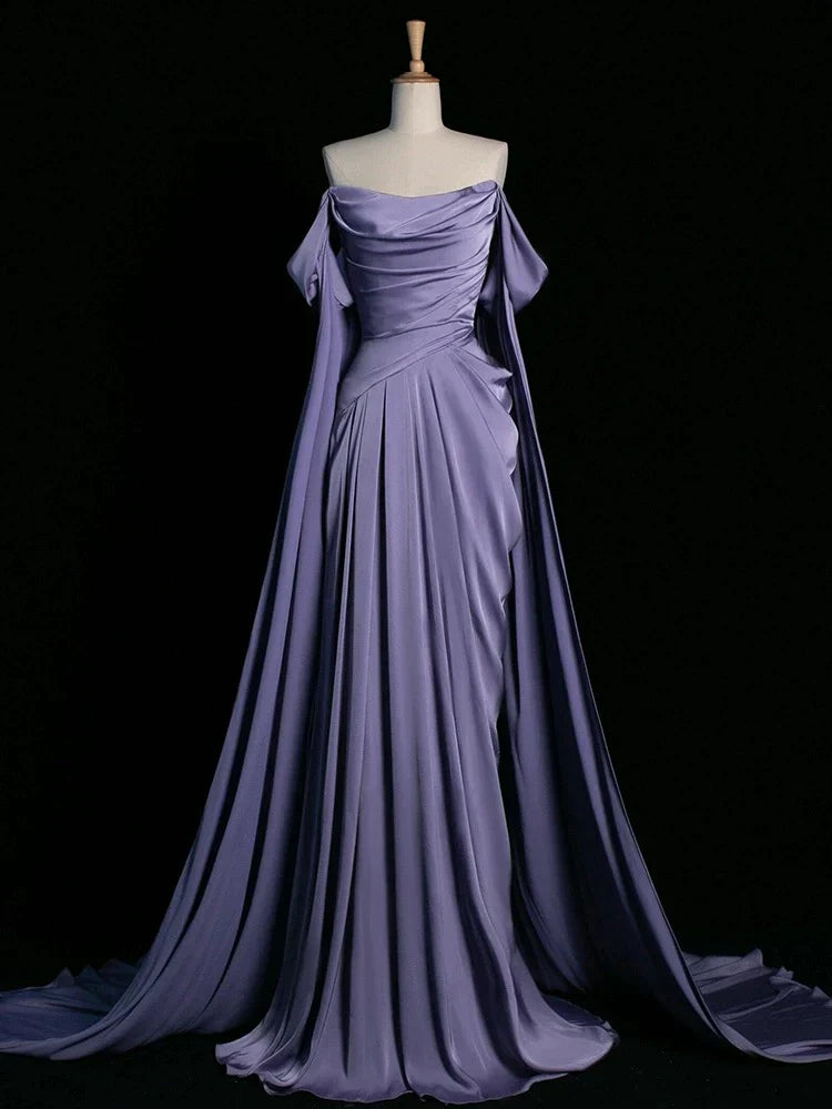 Purple A-Line Off Shoulder Satin Long Prom Dress Formal Evening Dress HZ1024
