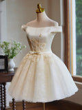 Off Shoulder Satin Lace Short Prom Dress, Champagne Homecoming Dress HZ1024