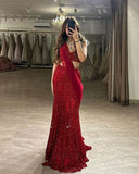 Two-Piece Mermaid Long Prom Dresses Sequin Red New Year's Eve Dresses HZ1024