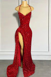 Halter Sheath Red Long Prom Dresses Sequin Red New Year's Eve Dresses HZ1024