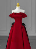 Off Shoulder Satin Burgundy Long Prom Dress, Burgundy Long Formal Dress HZ1024