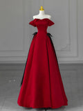 Off Shoulder Satin Burgundy Long Prom Dress, Burgundy Long Formal Dress HZ1024