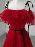 Off Shoulder Tulle Burgundy Long Prom Dress, Burgundy Long Formal Dress HZ1024