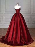 A-Line Satin Burgundy Long Prom Dress, Burgundy Long Evening Dress HZ1024