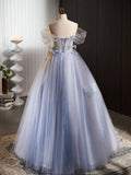 Off Shoulder Tulle Flower Blue Long Prom Dress, Blue Long Formal Dress HZ1024