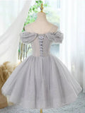 Off Shoulder Tulle Lace Sequin Gray Short Prom Dress with Beads HZ1024