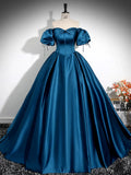 Puff Sleeves Satin Peacock Blue Long Prom Dress, Peacock Blue Long Formal Dress HZ1024