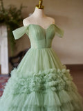 Off Shoulder Sweetheart Neck Tulle Green Long Prom Dress HZ1024