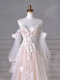 Long Sleeves Tulle Lace Champagne Long Prom Dress, Champagne Long Formal Dress HZ1024