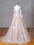 Long Sleeves Tulle Lace Champagne Long Prom Dress, Champagne Long Formal Dress HZ1024