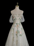 Off Shoulder Tulle Lace Applique White Long Prom Dress, White Long Formal Dress HZ1024