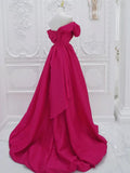 Off Shoulder Satin Rose Red Long Prom Dress, Rose Red Long Evening Dress HZ1024